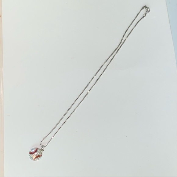 Clear Crystal Baseball Pendant on Silvertone Ball Chain Necklace - Picture 3 of 10